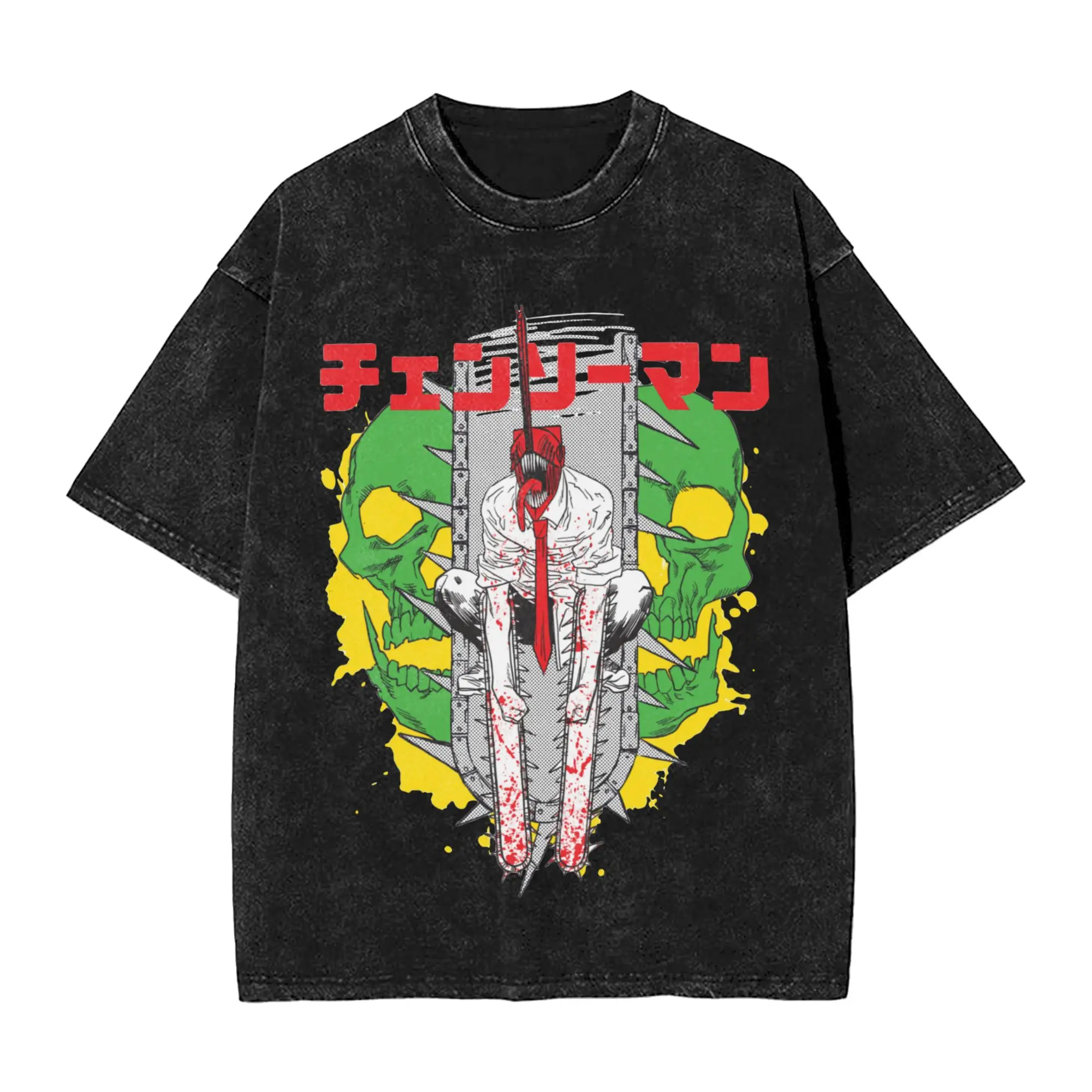 Chainsaws Man Warrior Vintage Washed T Shirts Pure Cotton Unique T-Shirts Crew Neck Denji Pochita Devil Tee Shirt Tops Plus Size