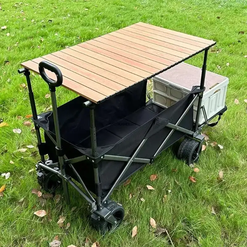 

Outdoor Trolley with Lift Adjustable Rod & Table Board Camper Foldable Trailer Pull Rod Rear Wagon Cart for Picnic Trolley