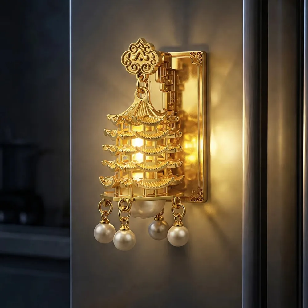 3D Glowing Lantern Fridge Magnet Openwork Design Retro Chinese Architecture Fridge Magnet LED Light with Faux Pearls