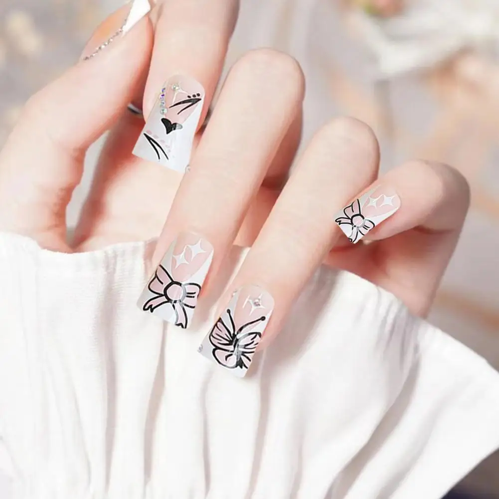 Trendy Fake Nails 24pcs Butterfly Print Duck Fake Nails Diy Manicure Kit for Women French Tip Press on Nails for Salon for Salon