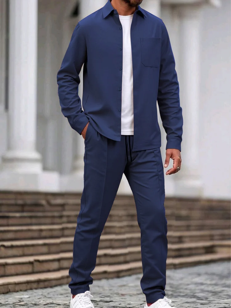 Men's casual retro fashion pocket jacket and long pants solid color set, suitable for camping, fishing and sports. 2-piece set