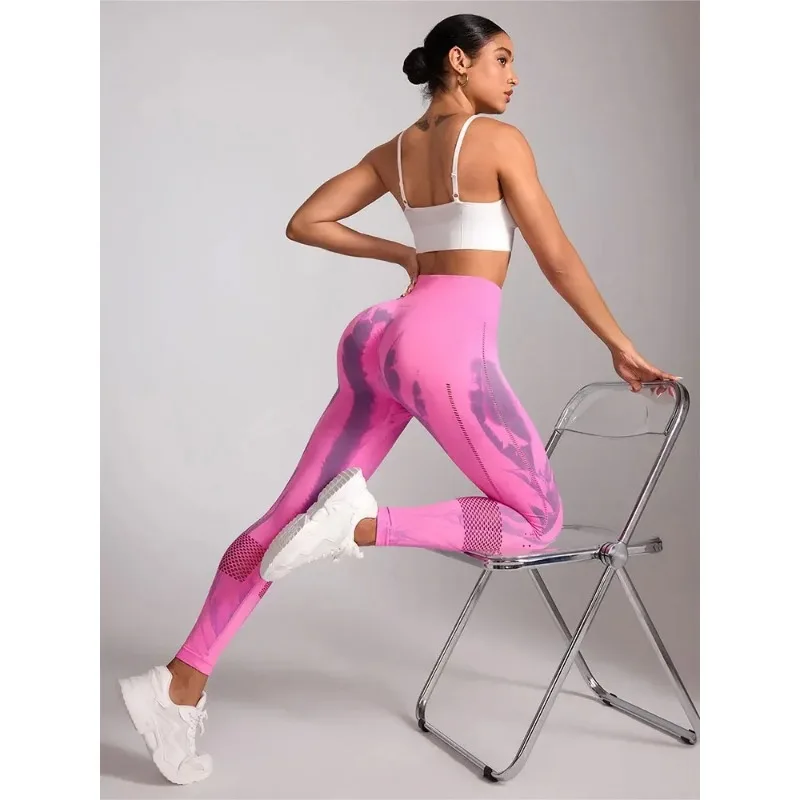 Mulheres elásticas calças de yoga ginásio tie-dye leggings para mulher sem costura de cintura alta oco para fora leggings de treino apertados