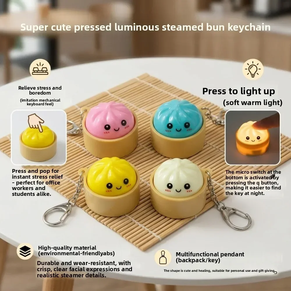 Cute Dumpling Light Up Keychain Kawaii Squishy Bao Night Light Soft Silicone Stress Relief Backpack Charm for Teens Gift Decor