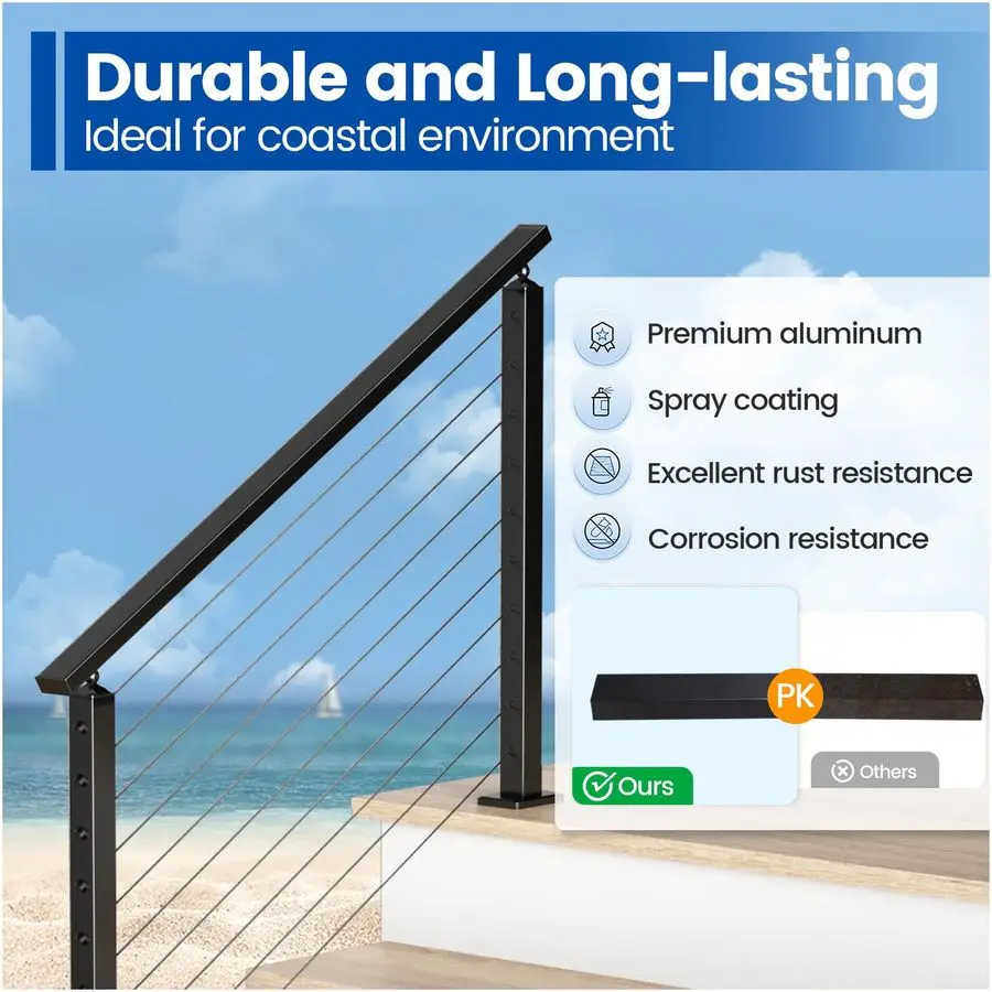 66 Aluminum Black Cable Railing Handrail Rectangular Handrail for Cable Railing System Top Rail Deck Stair Indoor Outdoor Length