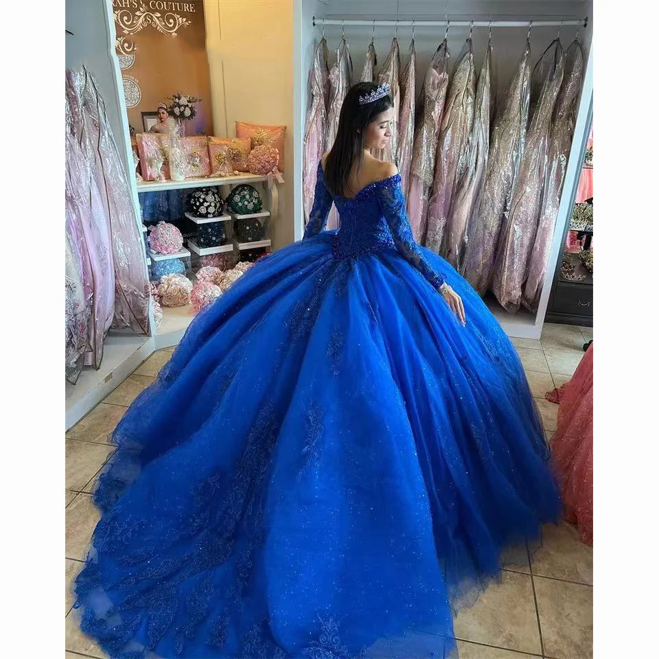 Luxury Blue V-Neck Sequin Off The Shoulder Evening Dress 2025 Ball Gown Appliques Floor Length Sweep Train Quinceanera Dress