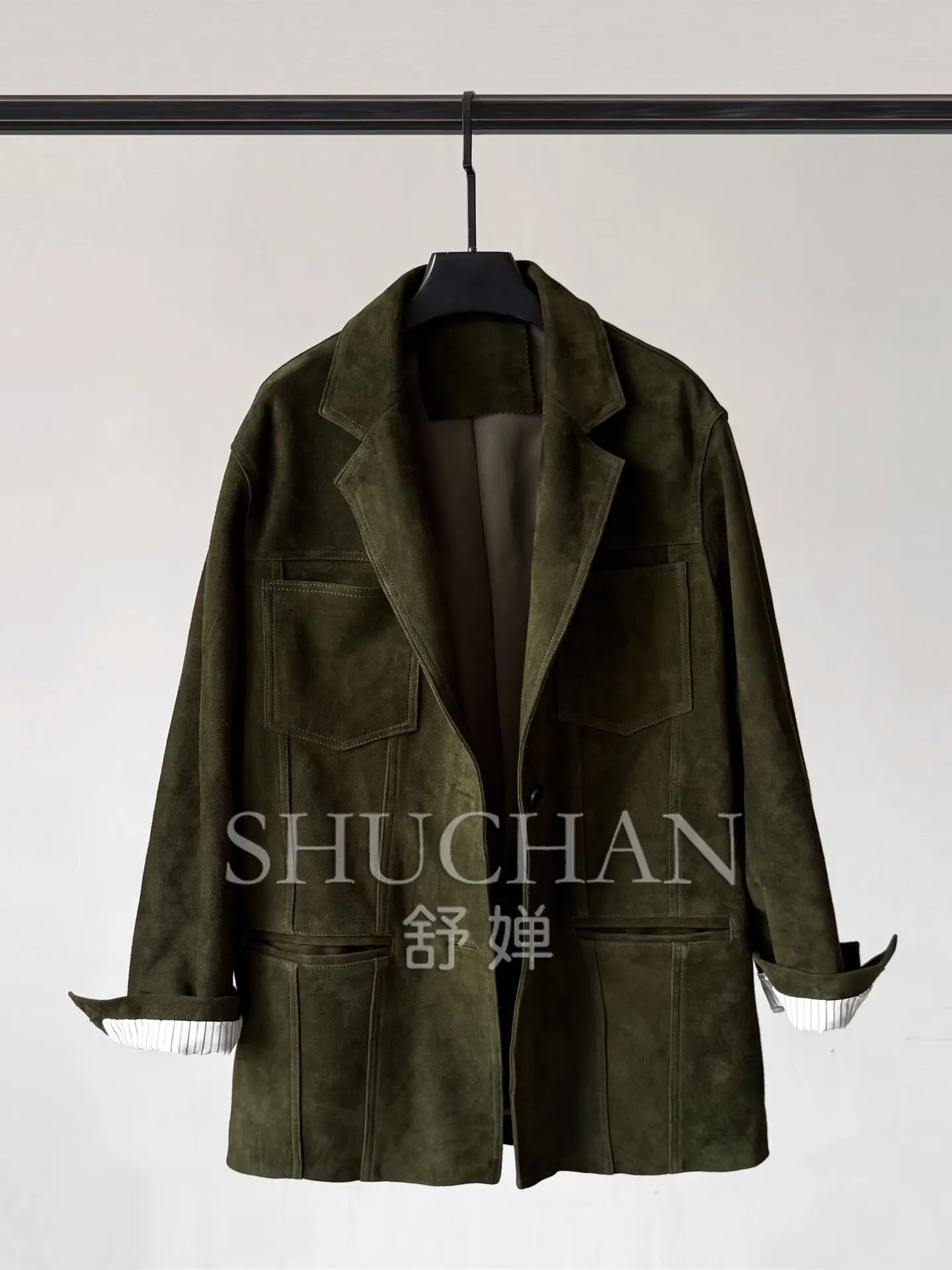 Imported suede mixed suede leather jacket women's medium and long leather suit collar Korean version suit anti-velvet coat jacke