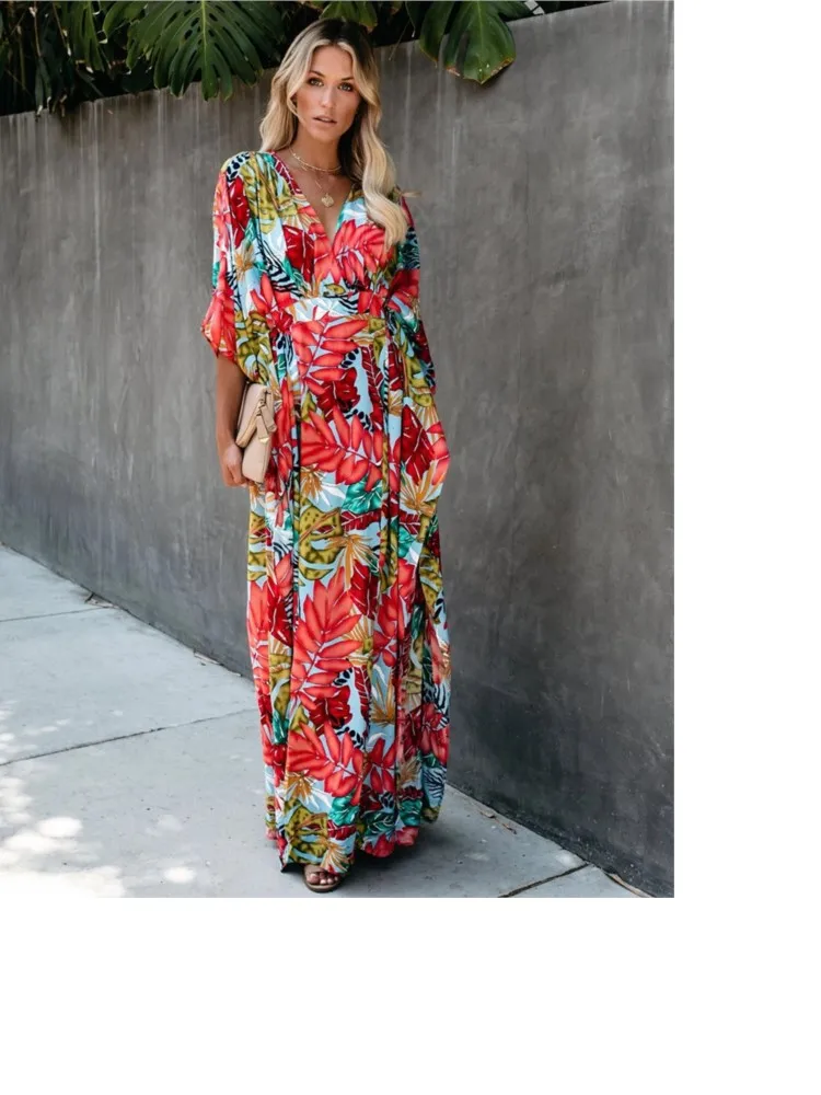 Boho Floral Print Long Dresses For Women 2024 Summer Autumn New Batwing Sleeve High Waist Slit Vacation Beach Party Dress Robe