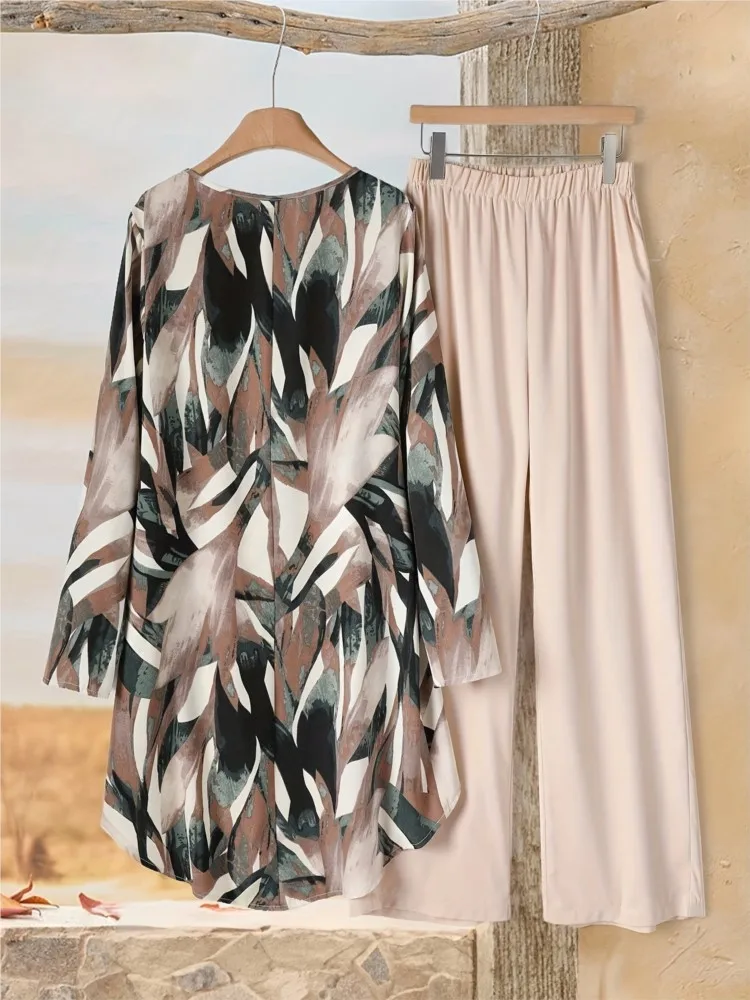 Traje Retro de dos piezas con estampado de manga tres cuartos para mujer, Top informal con cuello redondo, conjunto de 2 piezas, ropa para mujer