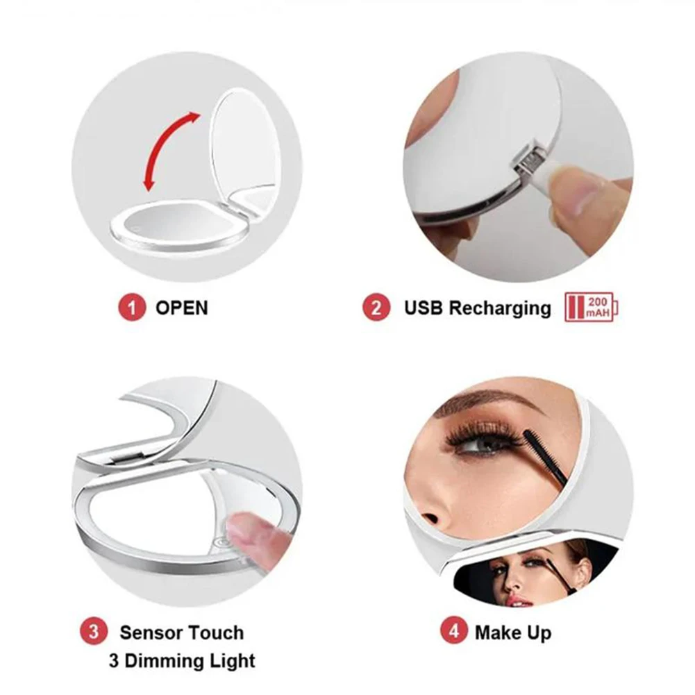 Miroir de maquillage pliable Portable, miroir de maquillage de voyage avec lumière LED, miroir Compact pour femmes, outils de maquillage de poche