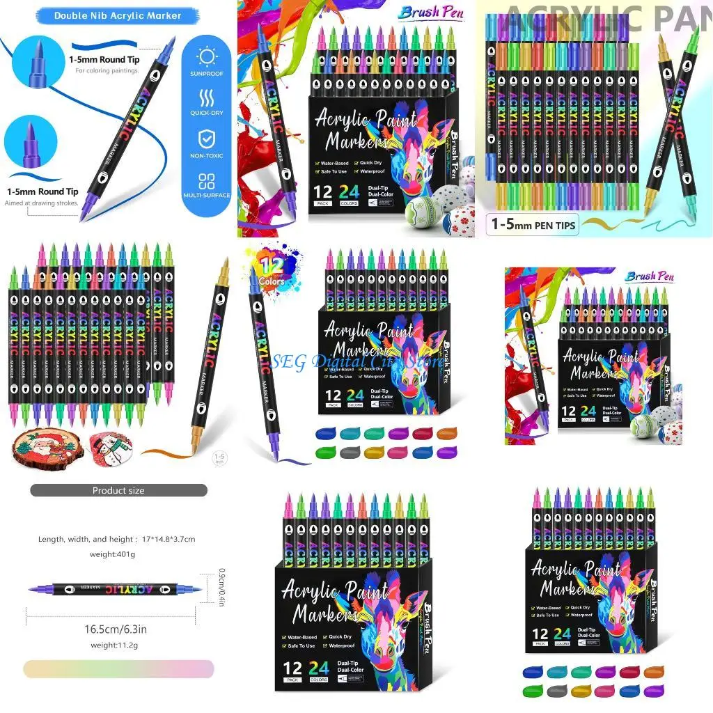 

U75b 12pcs Акриловая краска ручка с двойным кончиком щетки Акриловые маркеры 24 цвета для покраски на бумажном камне из камня