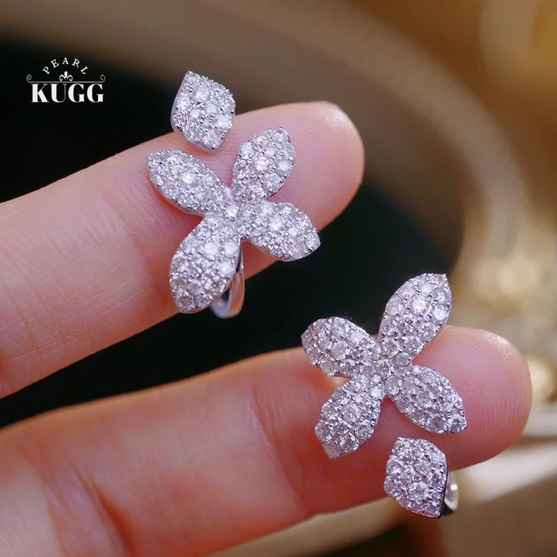 

KUGG 100% 18K White Gold Rings Luxury Clover Shape 1.0carat Real Natural Diamond Open Ring for Women High Engagement Jewelry