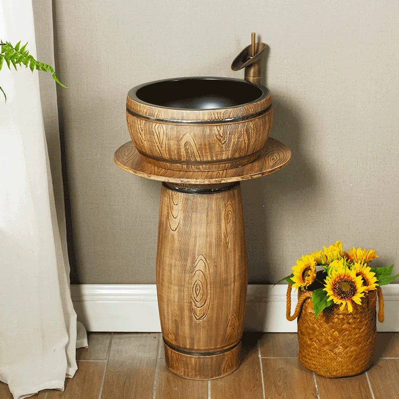 

The product can be customized.Vintage antique wood grain column style washbasin, bathroom, courtyard balcony, floor standing