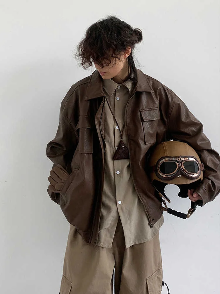 Retro PU Leather Jacket Men's Women's Student Style Biker Coat Spring Autumn New Arrival Neutral Color Trendy Outerwear