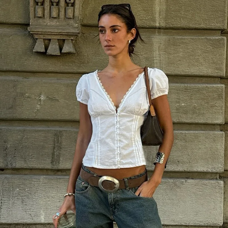 

Gtpdpllt French Lace Trim Crop Tops Women V Neck Button Short Sleeve Blouse Fairy Summer Vintage Casual Slim T-shirt Streetwear