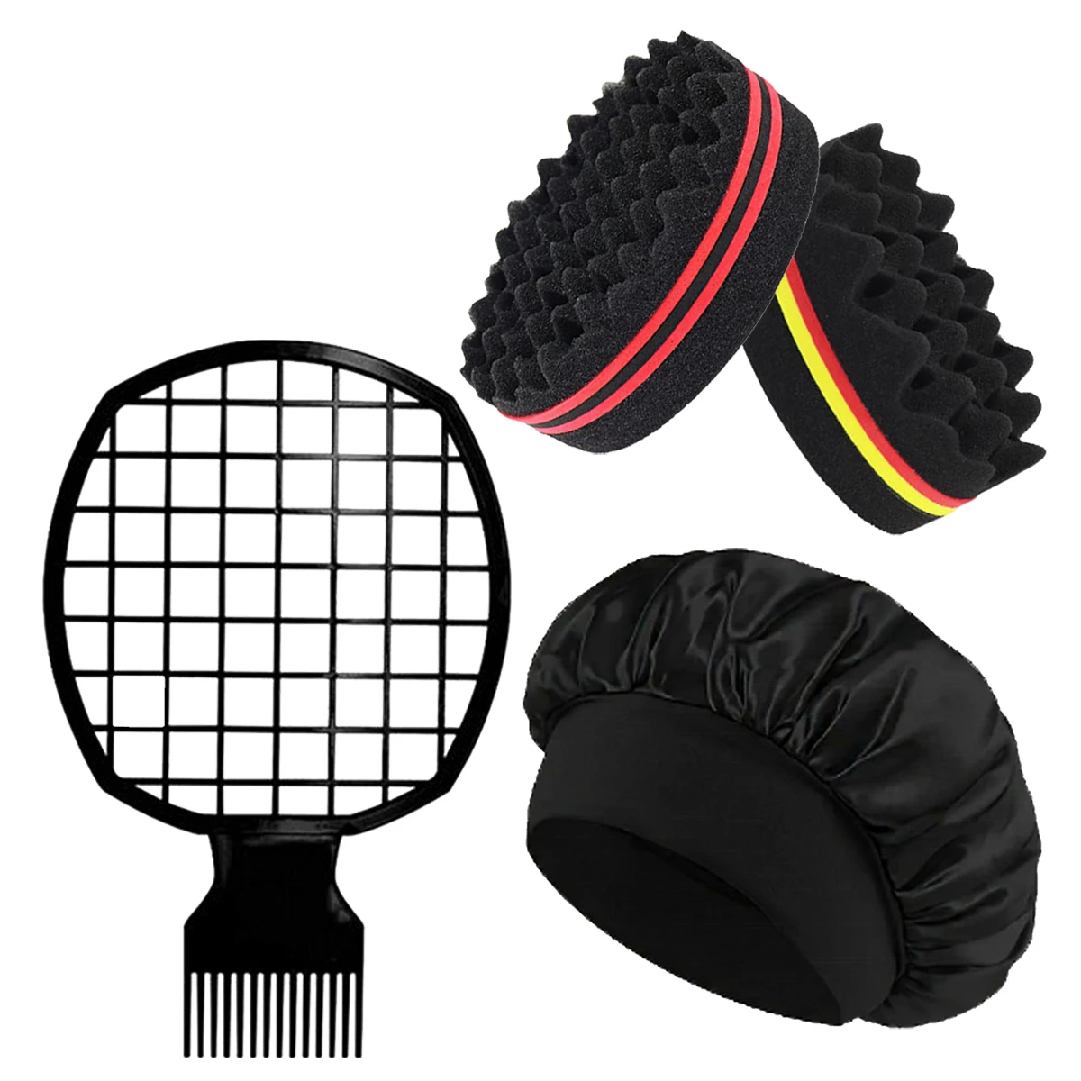 

Набор из 3 предметов для укладки африканских волос, губка для завивки волос, африканская расческа и атласная шапочка для сна, специально для париков из натуральных волос