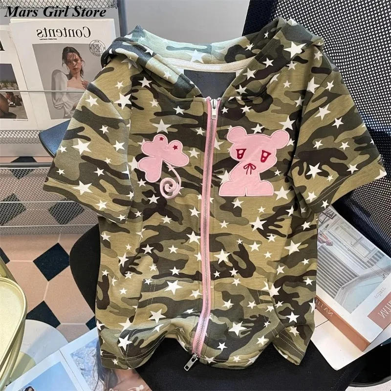 Y2K Harajuku Streetwear Star Bear Embroidery Camo Hoodie T-Shirt Women Japanese Aesthetic Cute Grunge Summer Subculture Tops New