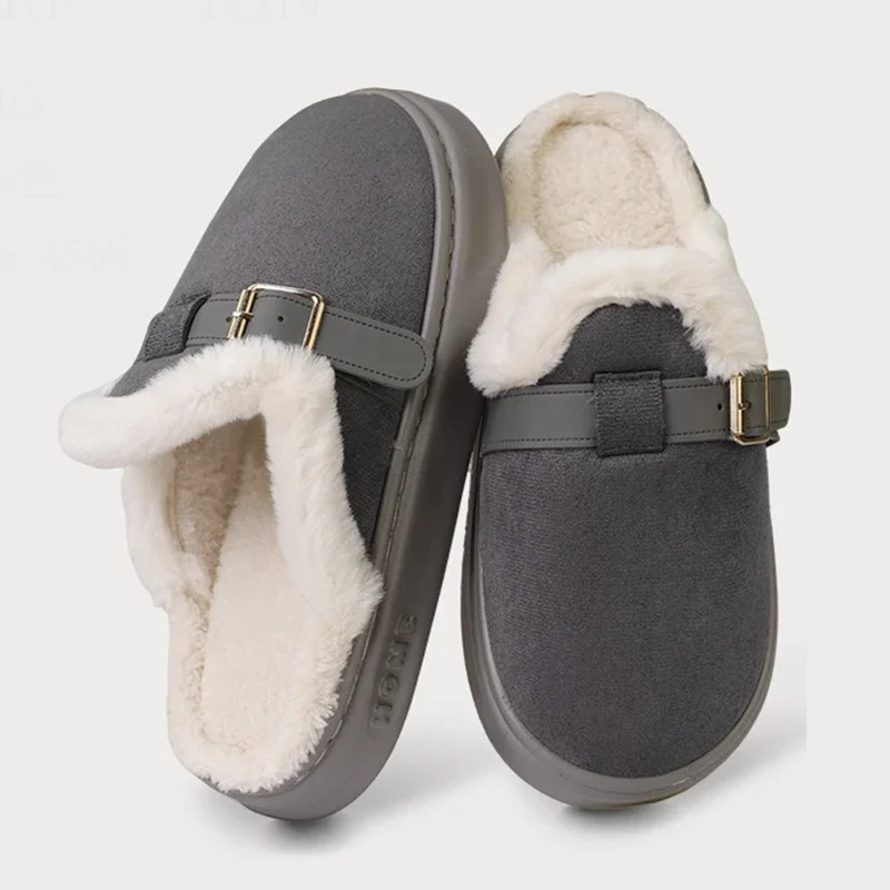 Winter-Plüsch-Pantoffeln für Damen mit Schnalle, Dicker Plüsch, Warme Flauschige Hausschuhe, Rutschfeste Baumwollschuhe für Draußen – Detail 7