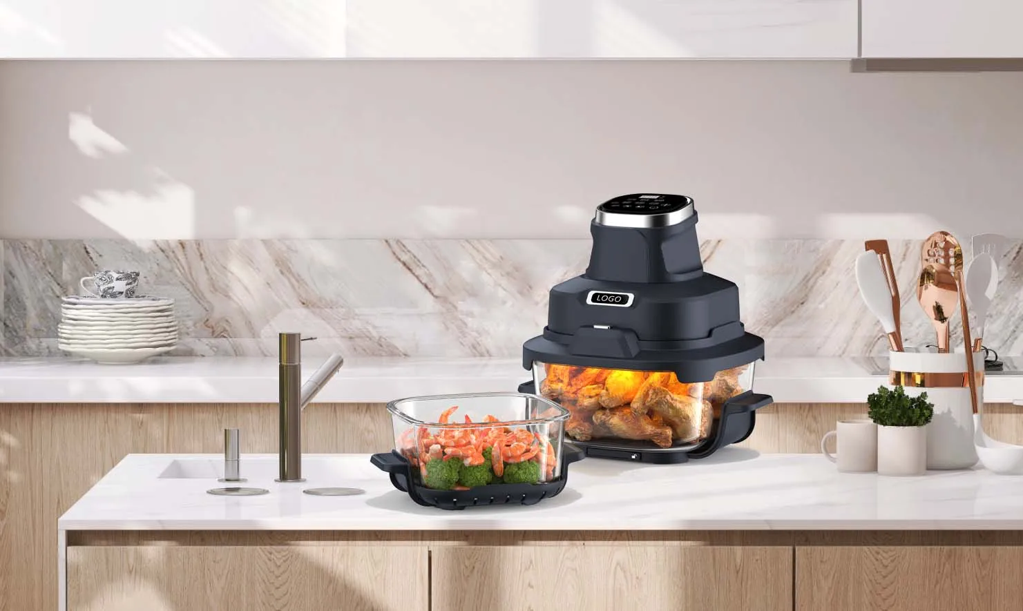Crispy Intelligent Temperature Controlled Fully Automatic Electric Air Fryer Modern Square Design and Double Glass Container