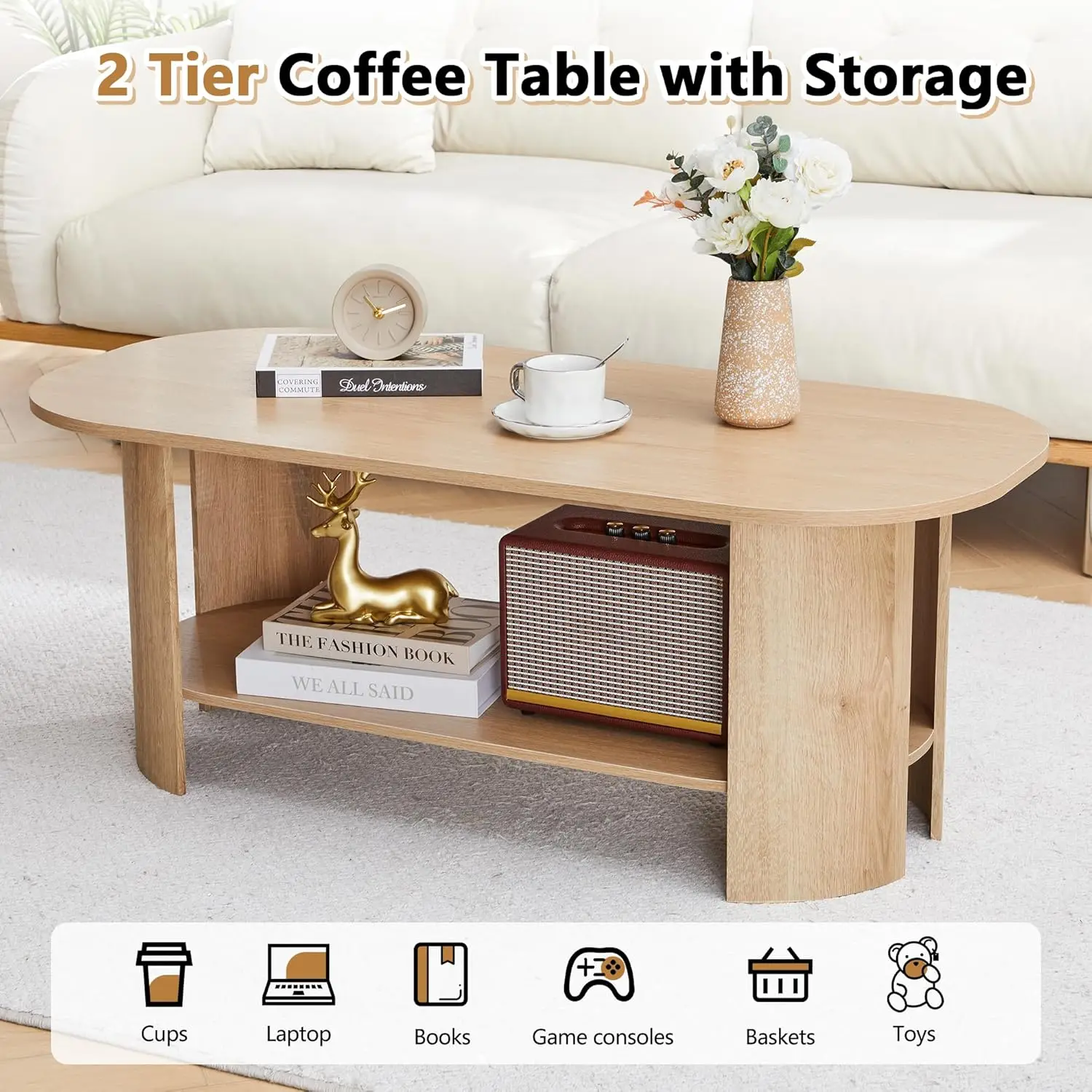 43.3” Oval Coffee Tables For Living Room, Wood Farmhouse Coffee Table With Storage, 2-Tier Center Table With Storag