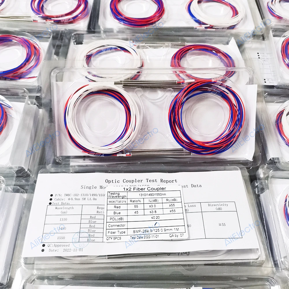 100pcs Fiber Optic FBT Splitter 10/90 20/80 30/70 40/60 50/50 Various Types 1x2 0.9mm Unbalanced Coupler Without Connectors