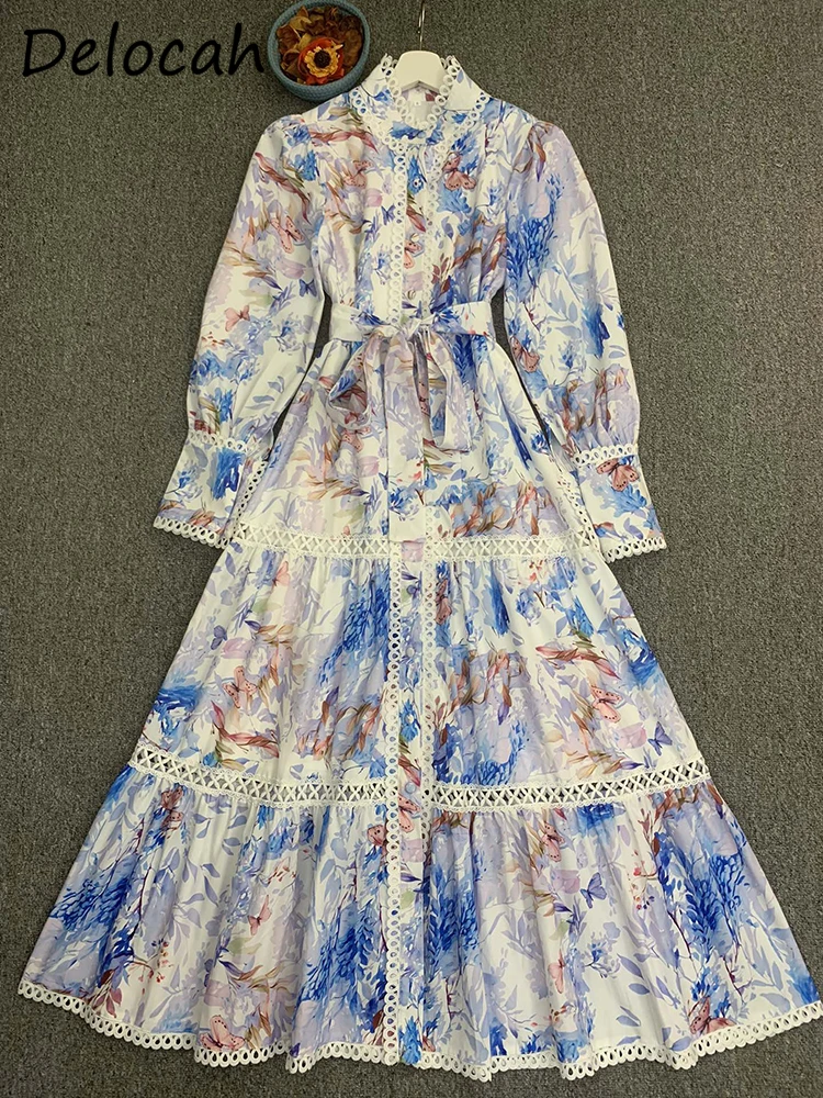 Delocah-Robe lanterne à manches longues pour femmes, ceinture à nœud, découpe, bloc tournant, robes longues imprimées, piste de vacances, mode d'été, haute qualité