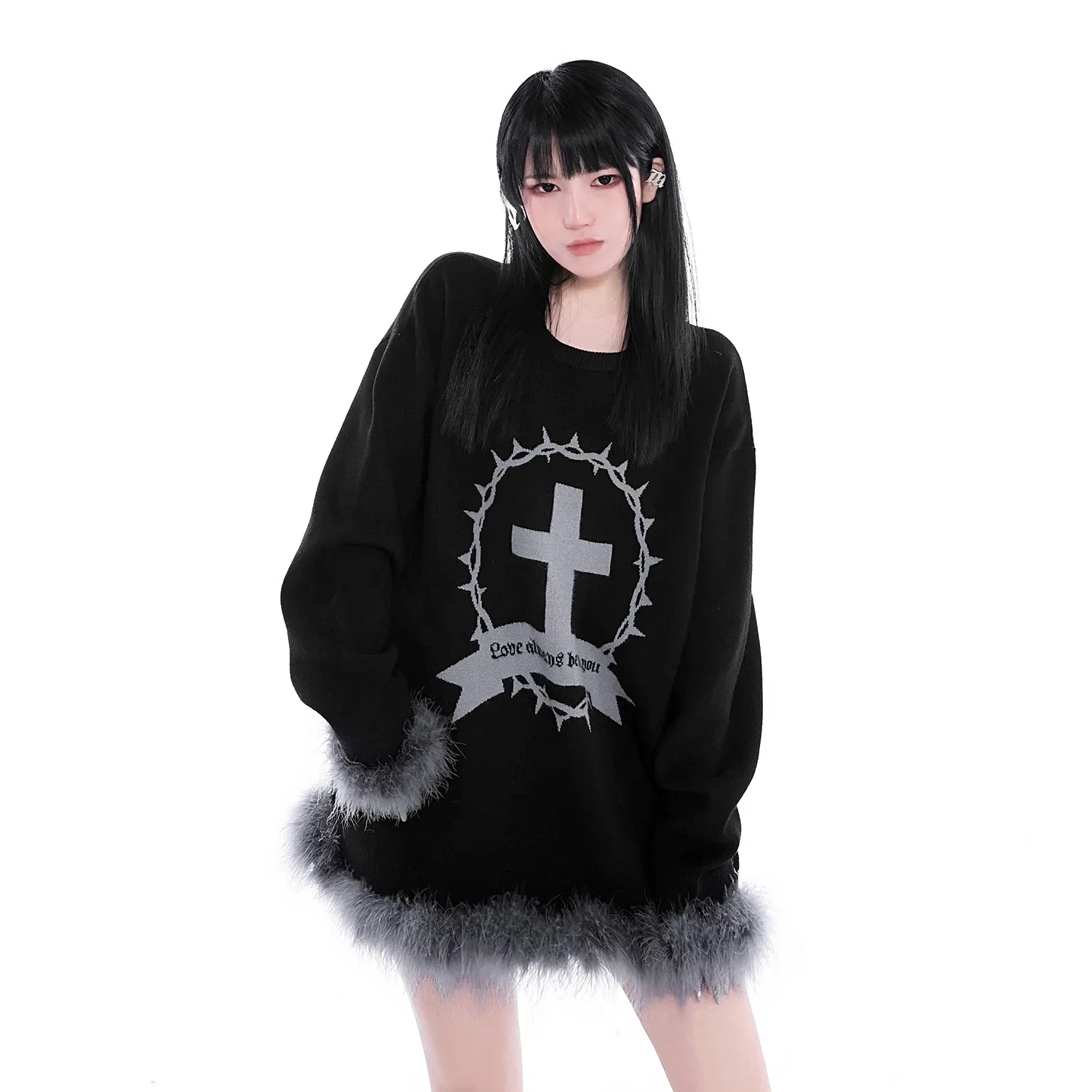 New Arrival Black Harajuku Autumn Winter Punk Gothic Loose Casual Hot Girl Cross Print Long Sleeve Pullover