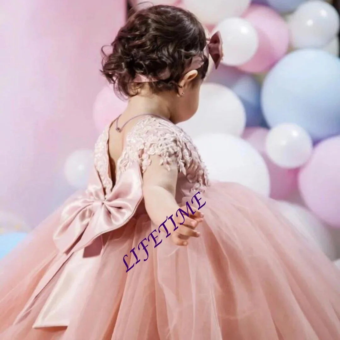 Abiti da ragazza di fiore con perline di pizzo rosa cipria personalizzati maniche ad aletta abiti da sposa per bambina abiti da spettacolo per comunione economici