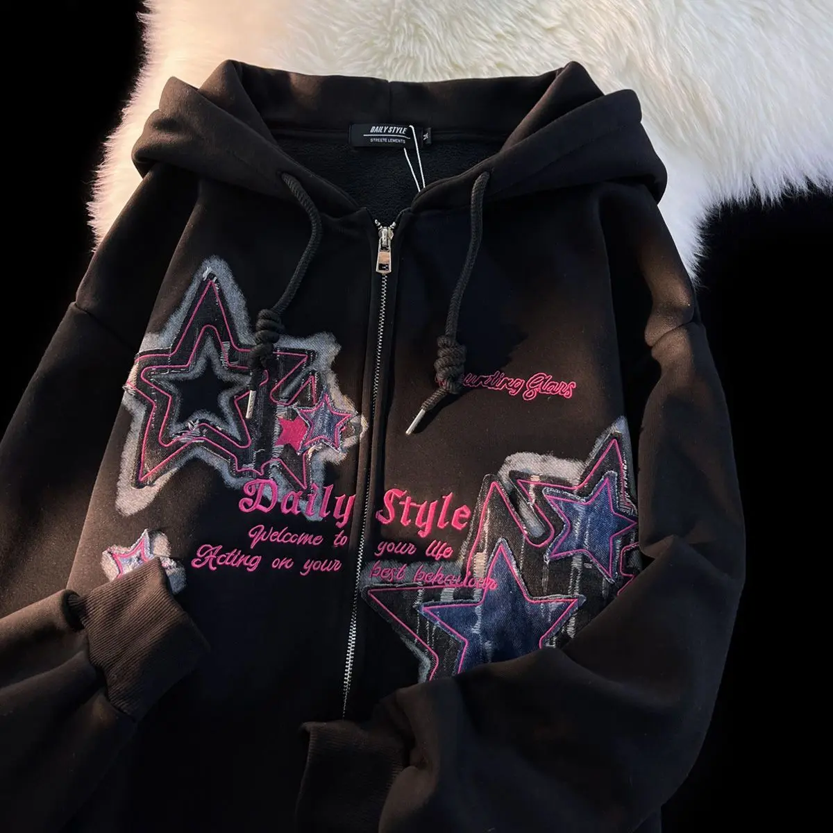 Retro American Y2K Star Print Open Cardigan Jacket Loose Unisex Autumn Winter Hooded Top Couple Matching Long Sleeve T-shirt