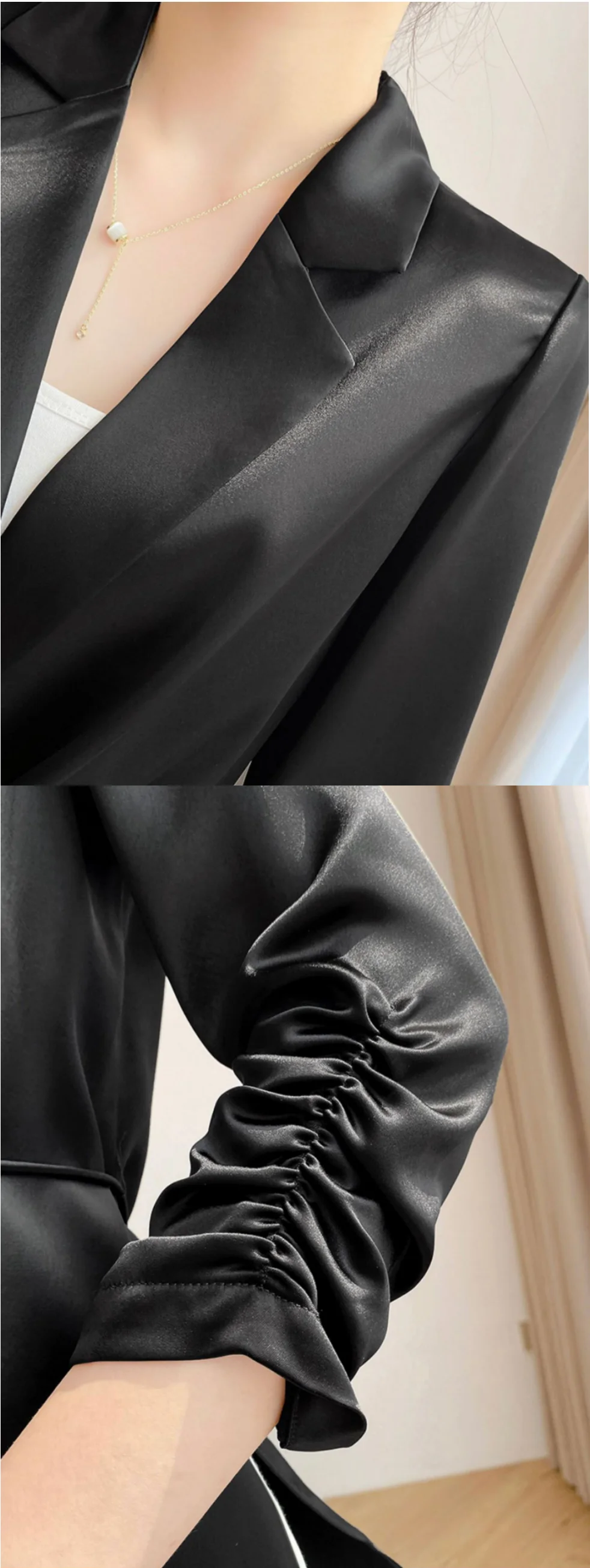 Damenjacke für Frühling und Herbst, neue Arbeitskleidung im chinesischen Stil, modischer und eleganter weißer Freizeitblazer, Satin-Acetat-Stoff, schwarzer Blazer mit Dreiviertelärmeln und einem Knopf – Detail 7