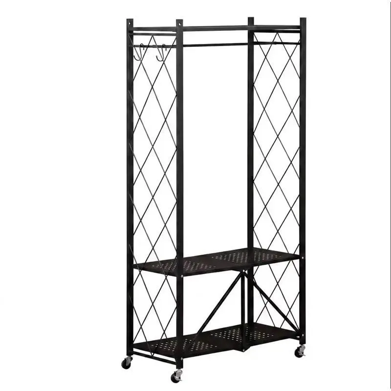 Rollable Three Layer Black Diamond Mesh Freestanding Metal Clothing Retail Display Stand with Casters and Hanging Rods