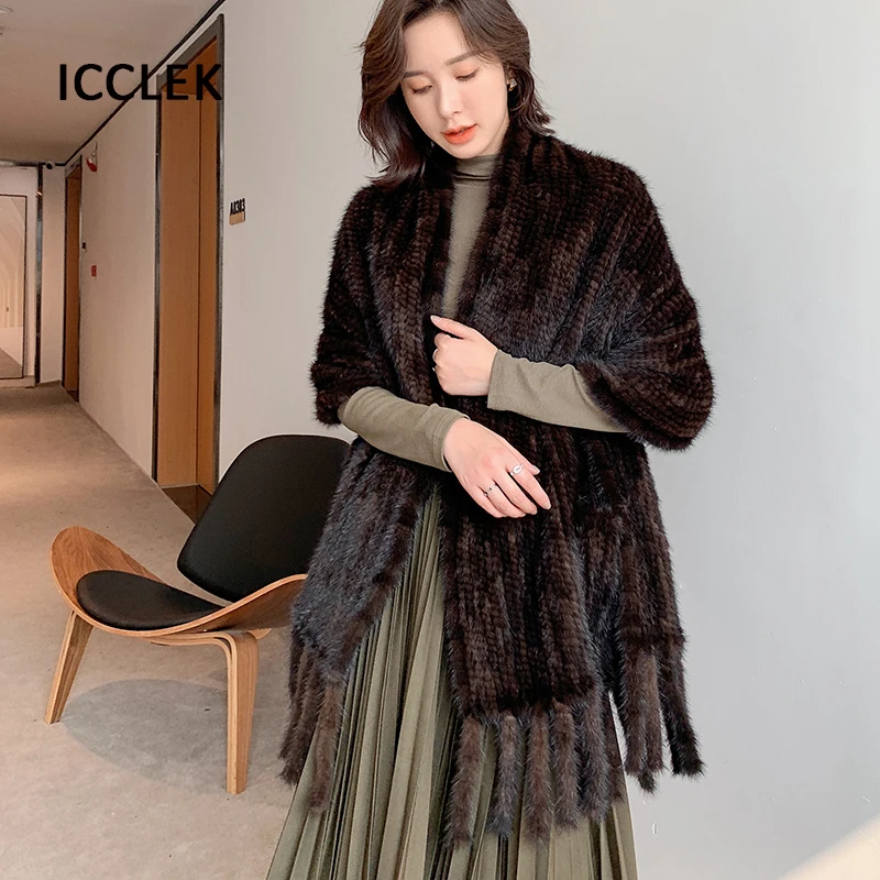 Mink Fur Shawl Women Winter Warm Luxury Large Size Fur Scarf Ladies Knitted Fur Scarves Women Wraps Evening Party Bridal Shawls