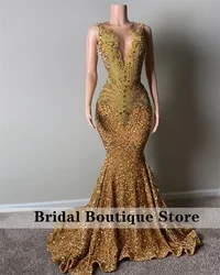 Sparkly Gold Diamonds Long Prom Dress 2024 Beads Crystals Rhinestones Sequins  Gown Glitter Birthday Party Wedding Reception