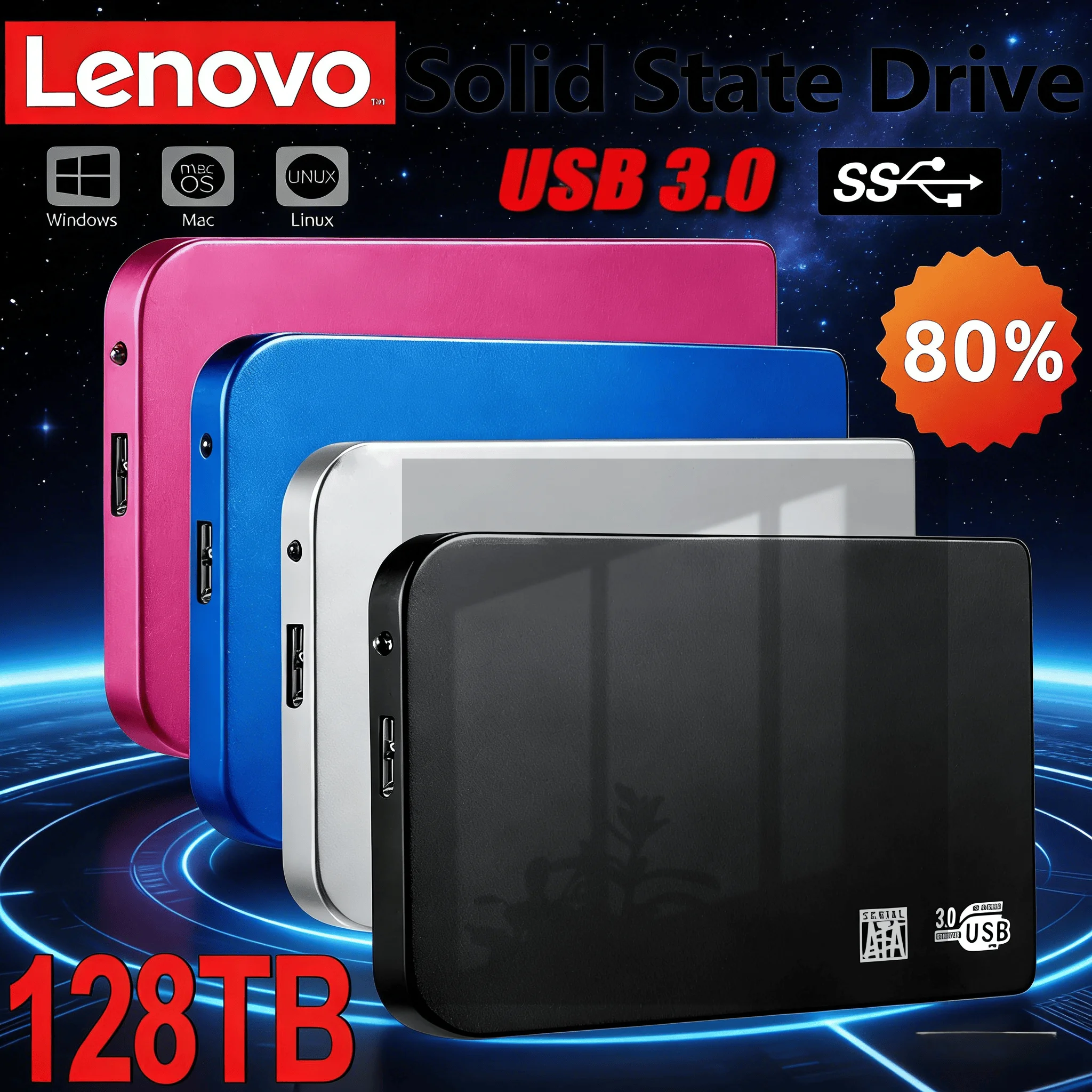

Внешний корпус для SSD-накопителя Lenovo 128 ТБ, USB 3.0, высокоскоростной, с кабелем USB