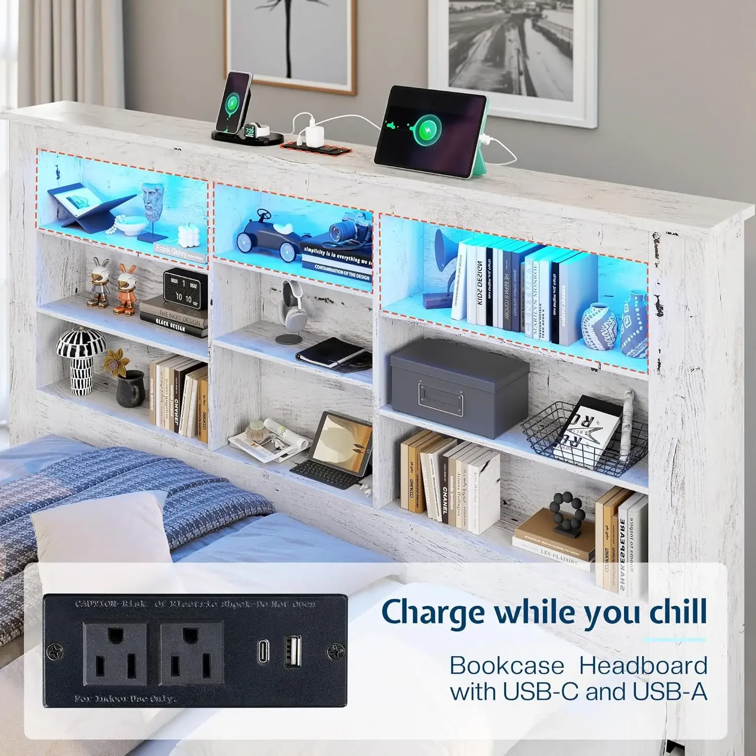 [XMSJ-مخزون محدود، اشتر الآن! ]سرير نهاري مزدوج مع لوح أمامي لخزانة الكتب، وشحن USB-C، وأضواء RGB و3 أدراج، لا حاجة إلى صندوق زنبركي