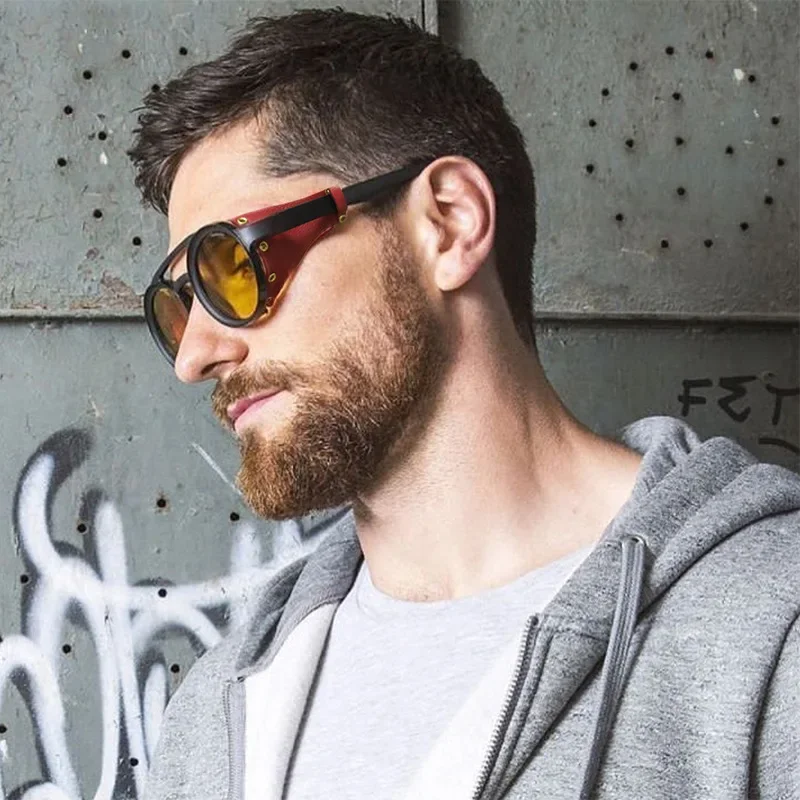 

Sunglasses Windproof Mountaineering Steampunk Round Eyewear for Men with Leather Side Goggles UV400 Cycling Riding Glasses