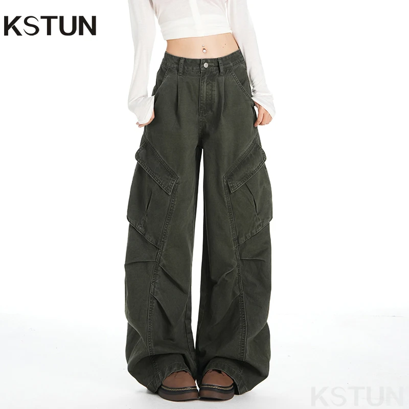 

KTUN 2026 Women's Wide Leg Cargo Pants with Pleated Multi-pockets Outdoor Loose Overalls Vintage Female Clothing Large Pockets