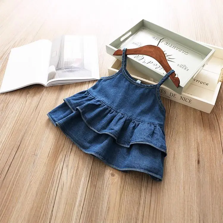 Denim Suspender Jacket Top And Wide Leg Pants Casual Kids Outfit