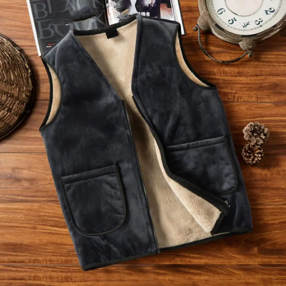 

Men Lightweight Vest Men's V-neck Velvet Lined Vest Coat with Pockets Zipper Closure Thickened Warm Waistcoat for Winter Classic