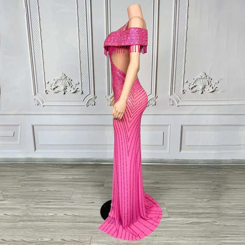 Traje de Festival de Bar y Club nocturno para mujer, vestidos de noche rosas con diamantes de imitación, disfraces de pasarela para escenario, traje de fiesta y Festival XS10230