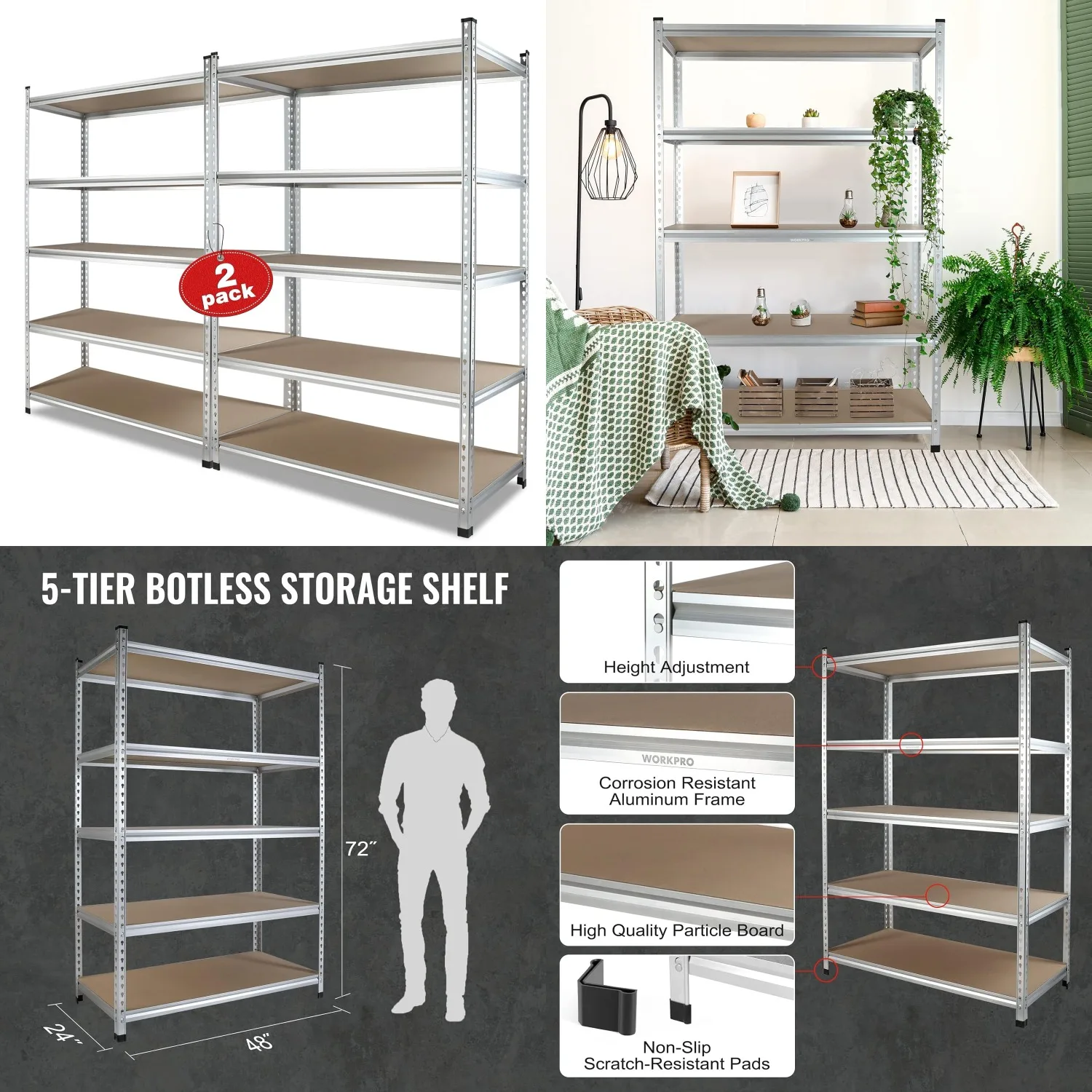 

5-Tier Adjustable Heavy Duty Storage Shelving Unit 48x24x72 Aluminum Rack 2750 lbs Garage Warehouse,Customized