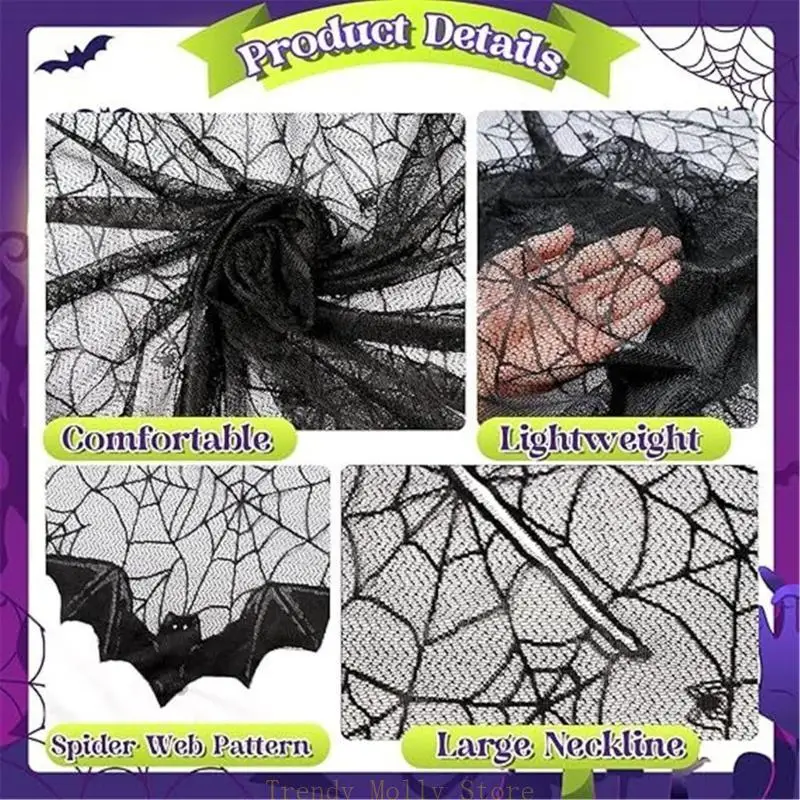 N5KB Halloween Party Shawl for Party Proms for Women and Girls Spiders Long Shawl
