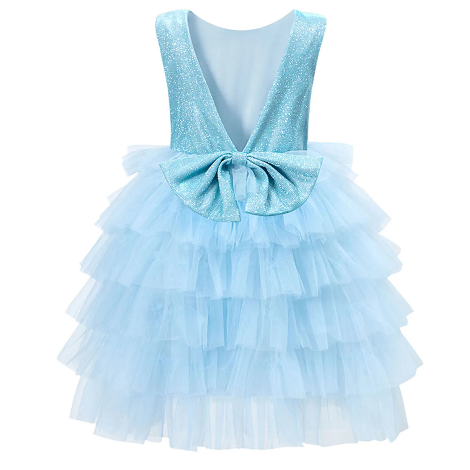 Girls Shimmery Birthday Party Dress Kids Sleeveless Big Bow V-back Tiered Ruffle Tulle Prom Dress Wedding Flower Girl Dresses - view 4