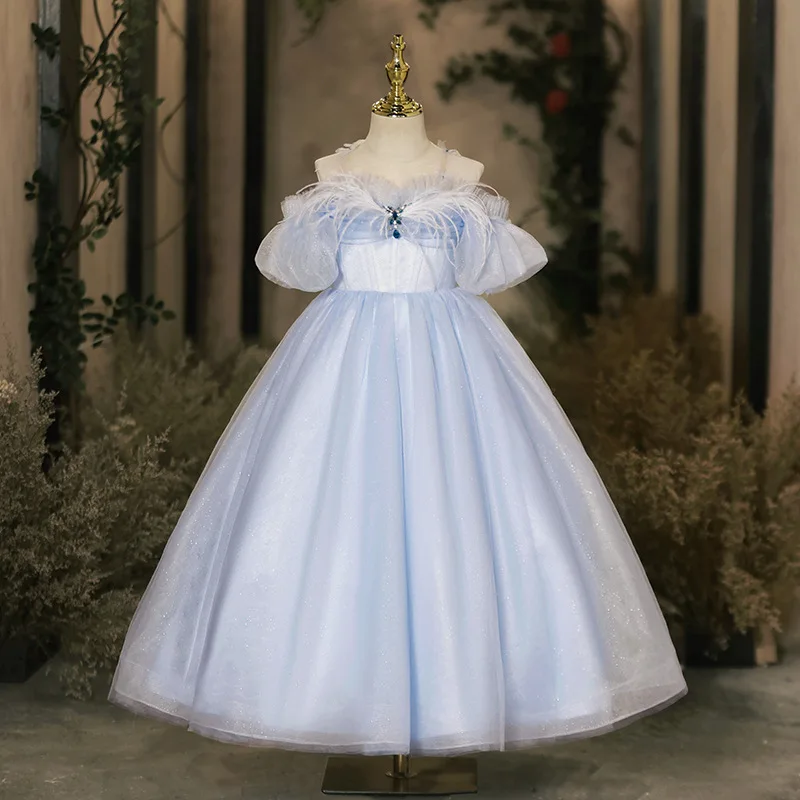 2024 Luxury Shoulder Puff Sleeve Dress Performance Princess Dresses Tulle Teenager Clothing Backless Children for Wedding Gown