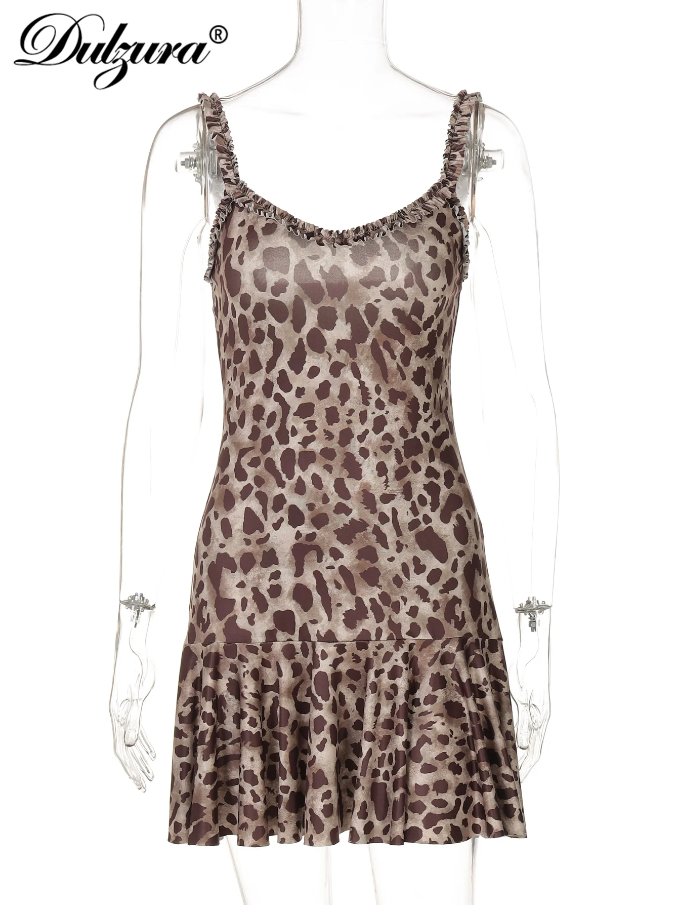 Dulzura Sleeveless Backless Slim Fit Ruffles Print Cami Pleated Short Dress Sexy Elegant Casual Dress Party Club Summer Clothes