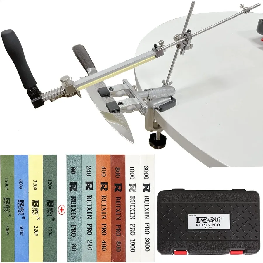 

RUIXIN PRO RX009 Профессиональная система точилок для ножей с 10 точильными камнями, вращение на 360 градусов, откидная конструкция с фиксированным углом, кухня из нержавеющей стали