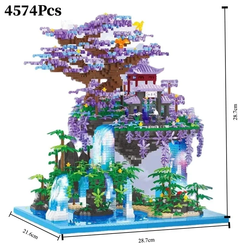 Chinese Ancient Architecture Peach Blossom Pond Castle Model Building Block DIY Diamond Bricks with Light Children\'s Toy