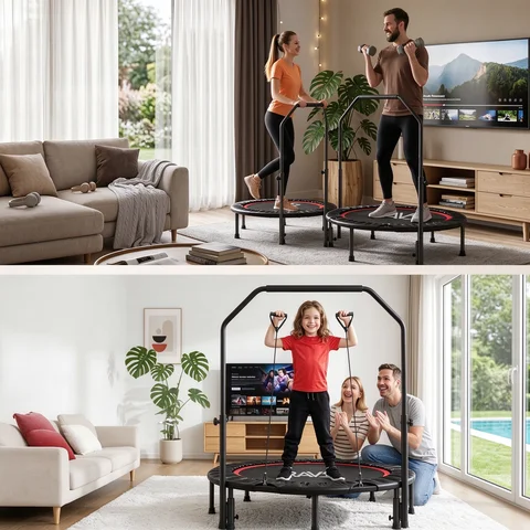 RAVS 40 Inch Foldable Mini Rebounder Trampoline with Adjustable Handrail, Indoor Outdoor Home Workout Jumping Trampoline, Trendy Holiday Gift for Whole Family