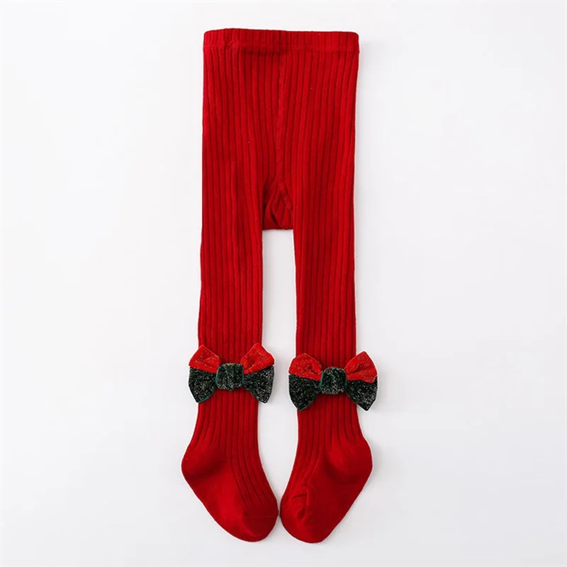 Girls Autumn Christmas Red Knitted Leggings for Children Christmas Red Elastic Band With Bow Decoration Tight Pants  Pantyhose