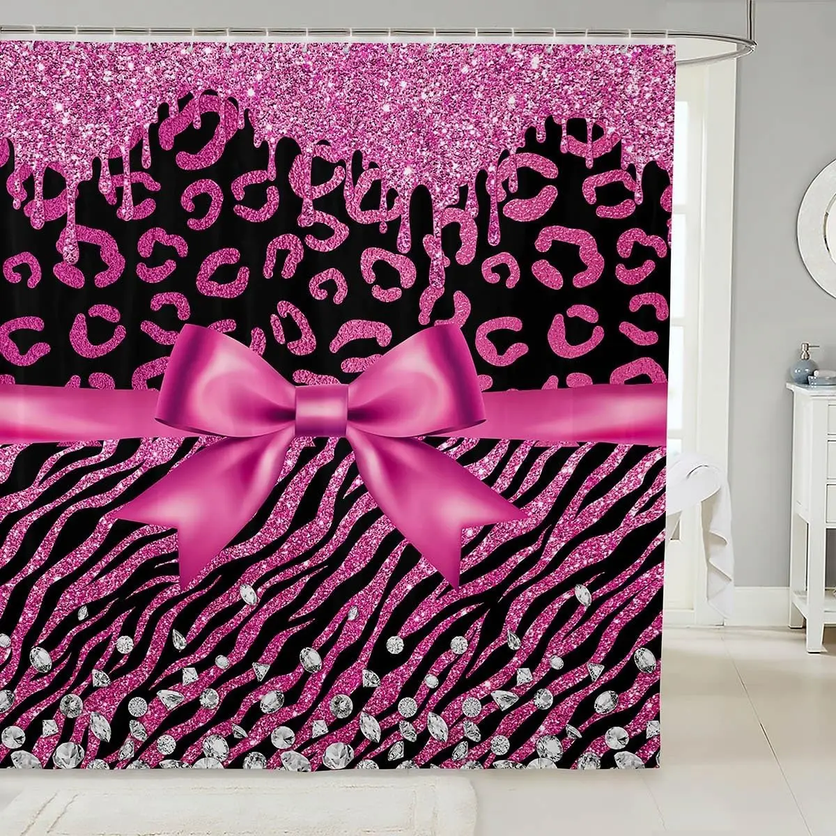 Pink Bowknot Glitter Shower Curtain Abstract Leopard Cheetah Zebra Skin Girls Women Bow-tie Shining Diamond Bathroom Curtain