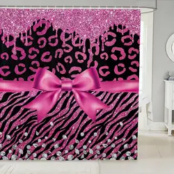 Pink Bowknot Glitter Shower Curtain Abstract Leopard Cheetah Zebra Skin Girls Women Bow-tie Shining Diamond Bathroom Curtain